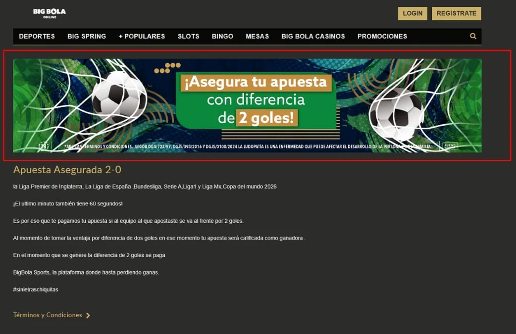Banner de promoción de BigBola para asegurar la apuesta con una ventaja de 2 goles en deportes