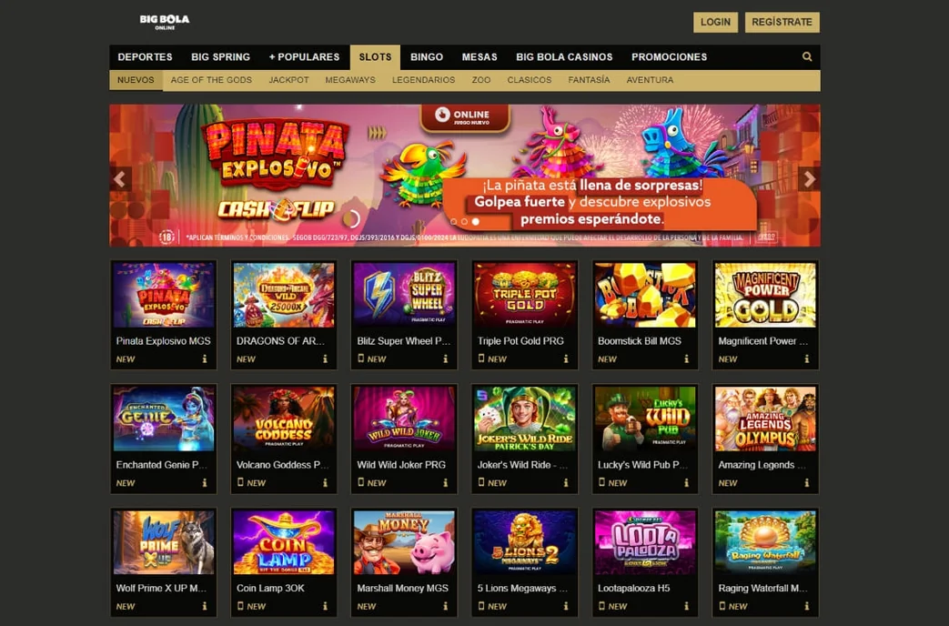 Catálogo de tragamonedas de Big Bola con juegos destacados como Piñata Explosivo y Enchanted Genie 